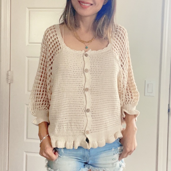 Miracle Cozy Crochet Button down Ruffle Sweater Top - Picture 4 of 16